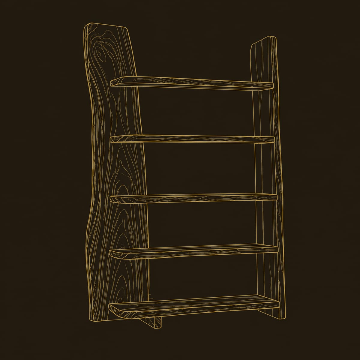 Tall Bookshelf With Five Wavy Edge Shelves And A Slab Side dimension diagram