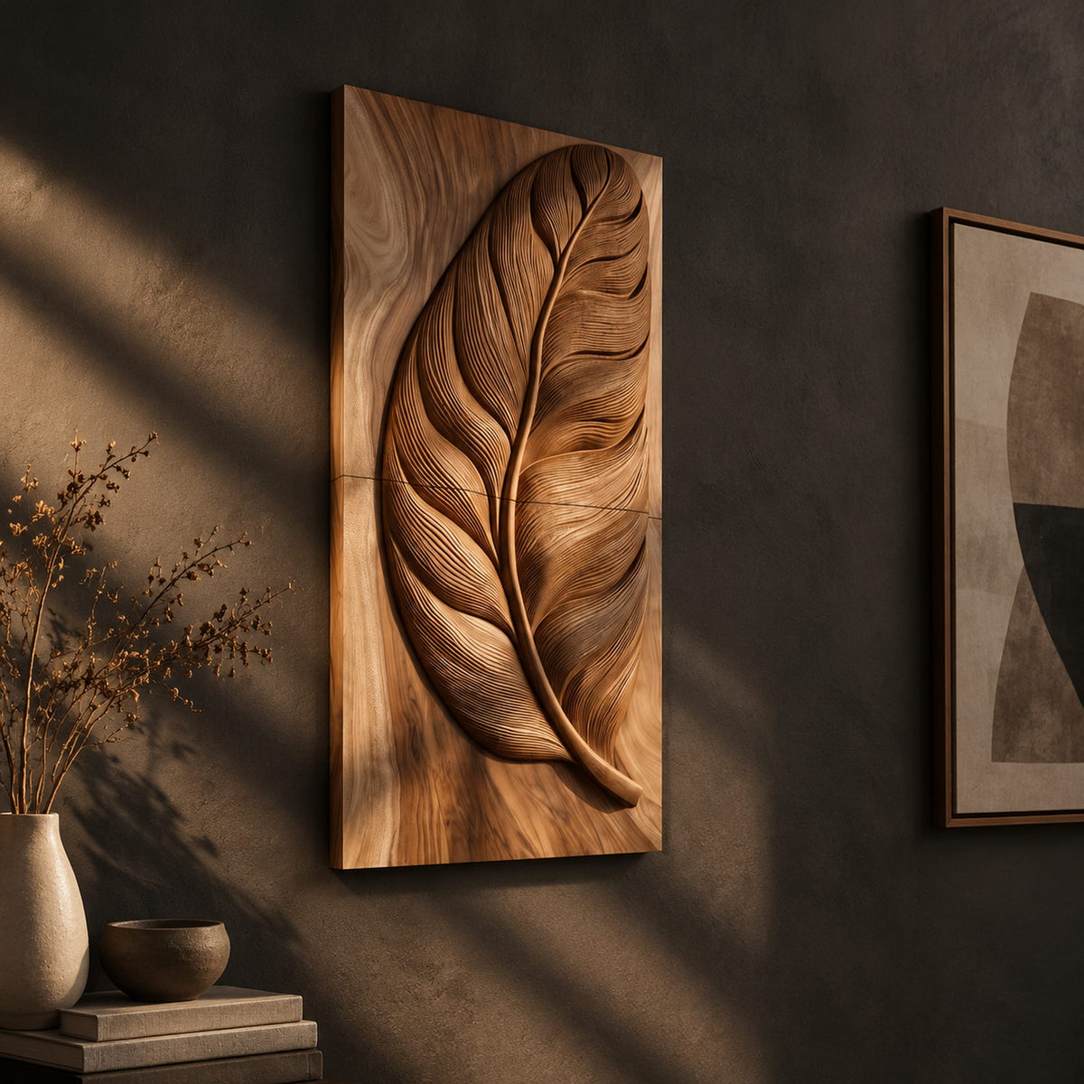 Tall wood panel carved in deep relief with one large leaf and fine veins on a dark charcoal plaster wall