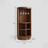 Tall Cylinder Bar Cabinet With Open Shelves And A Glass Rail dimension diagram with width, height and depth