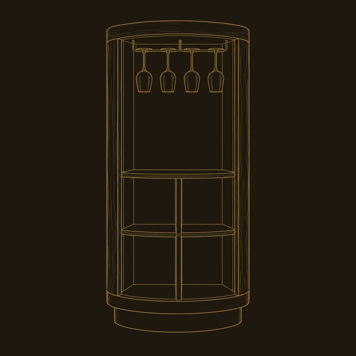 Tall Cylinder Bar Cabinet With Open Shelves And A Glass Rail dimension diagram