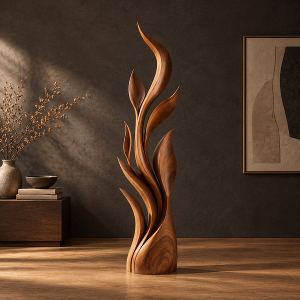 Tall Flame Sculpture With Layered Leaf Blades On A Smooth Base