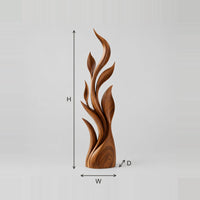 Tall Flame Sculpture With Layered Leaf Blades On A Smooth Base dimension diagram with width, height and depth