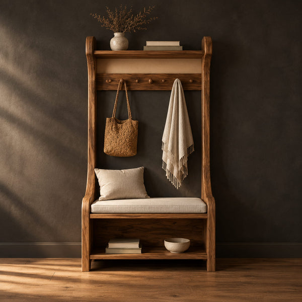 Tall Hall Bench With Coat Pegs, Cushioned Seat, Open Lower Shelf