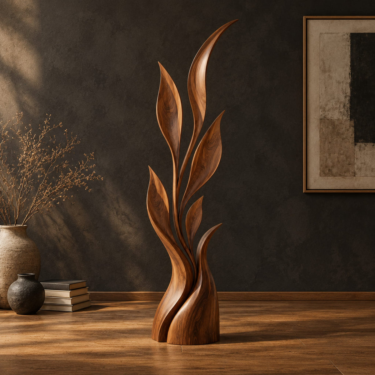 Wood sculpture of a slim leafy stem with pointed leaves and a sculpted base in a dark studio against a charcoal plaster wall