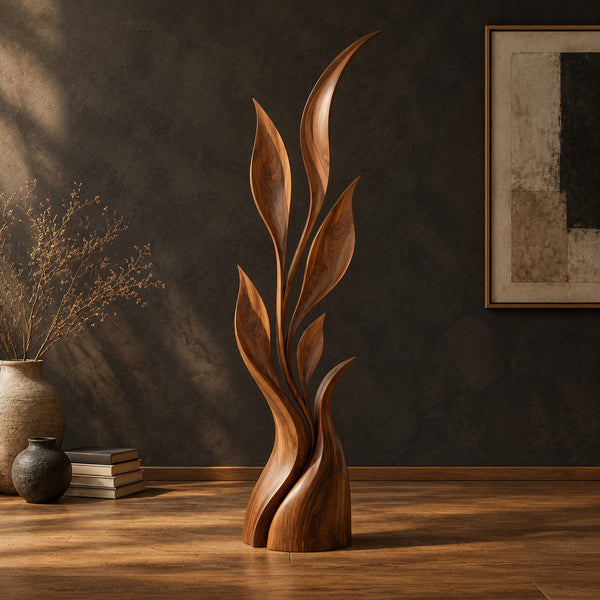 Tall Leafy Stem Wood Sculpture With Pointed Blades
