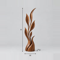 Tall Leafy Stem Wood Sculpture With Pointed Blades dimension diagram with width, height and depth