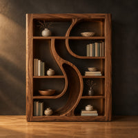 Tall open bookshelf with a sculpted s shaped divider between shelves in a dark studio against a charcoal plaster wall