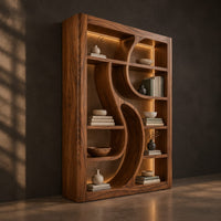 Tall open bookshelf with a sculpted s shaped divider between shelves, three-quarter view showing the grain