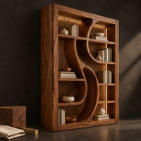 Corner detail of tall open bookshelf with a sculpted s shaped divider between shelves beside wood, brass and linen samples