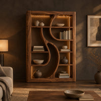 Tall open bookshelf with a sculpted s shaped divider between shelves in a dark living room at golden hour