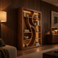Tall open bookshelf with a sculpted s shaped divider between shelves in an evening living room with walnut wall paneling