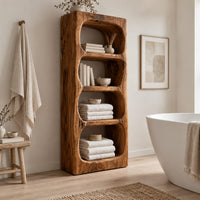 Tall open shelf cabinet with four carved niches and textured grain in a Scandinavian bathroom with white walls