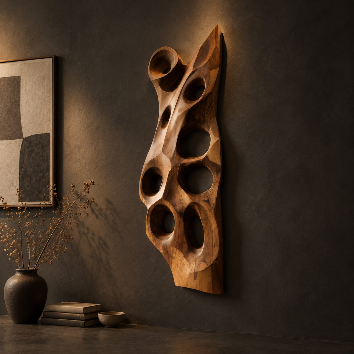 Tall carved wood wall art with oval hollows and a pointed top on a dark charcoal plaster wall