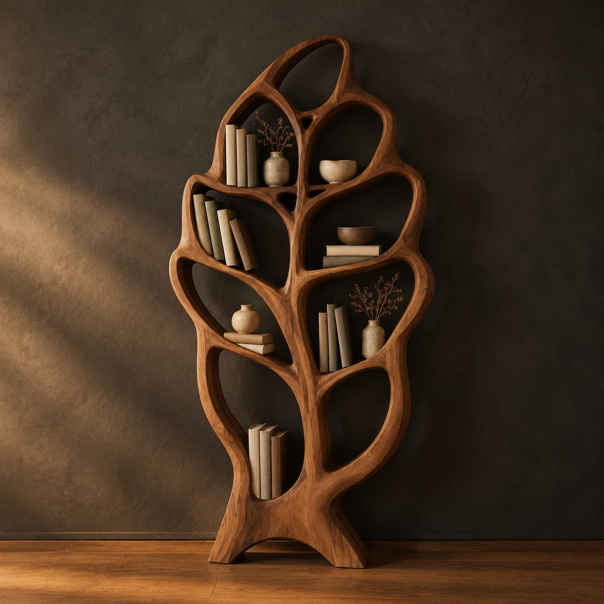 Tall single leaf bookshelf with a veined frame and open shelves in a dark studio against a charcoal plaster wall