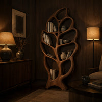 Tall single leaf bookshelf with a veined frame and open shelves in an evening living room with walnut wall paneling