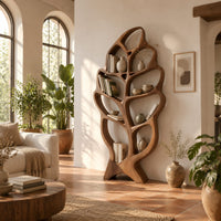 Tall single leaf bookshelf with a veined frame and open shelves in a bright living room with arched windows and plants