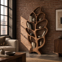 Tall single leaf bookshelf with a veined frame and open shelves in an industrial loft living room with exposed brick