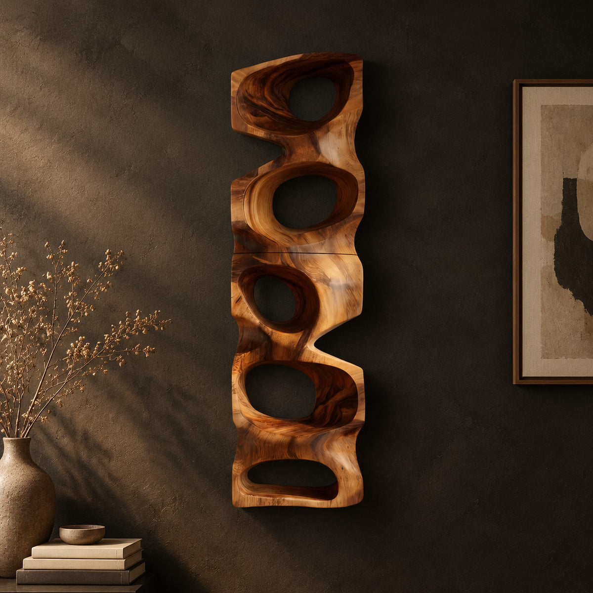 Tall wooden wall sculpture with five stacked organic openings on a dark charcoal plaster wall