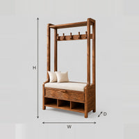 Tall Storage Bench With Coat Hooks And Carved Wave Front dimension diagram with width, height and depth