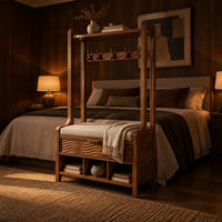 Tall wood storage bench with coat hooks and three open cubbies in an evening bedroom with walnut wall paneling