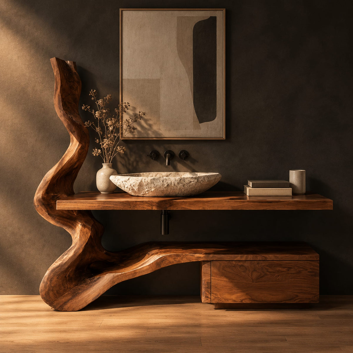 Vanity with a twisting trunk post, slab top and low cabinet block in a dark studio against a charcoal plaster wall