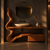Vanity with a twisting trunk post, slab top and low cabinet block in a dark bathroom at golden hour