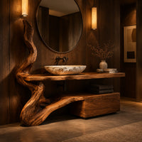 Vanity with a twisting trunk post, slab top and low cabinet block in an evening bathroom with walnut wall paneling