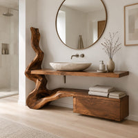 Vanity with a twisting trunk post, slab top and low cabinet block in a Scandinavian bathroom with white walls