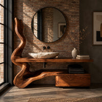 Vanity with a twisting trunk post, slab top and low cabinet block in an industrial loft bathroom with exposed brick