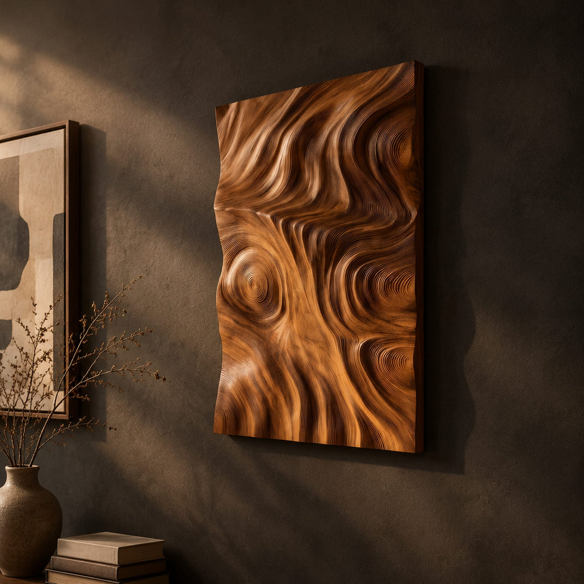 Tall wood wall art panel with sculpted ripples and a ringed knot on a dark charcoal plaster wall