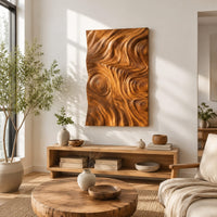 Tall wood wall art panel with sculpted ripples and a ringed knot in a bright sunroom with green plants