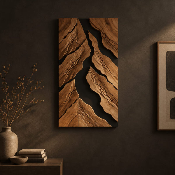 Tall Wall Art With Split Wood Shards And A Dark Branching Gap