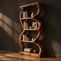 Tall bookshelf with wavy sides, four open shelves and a thick organic frame, three-quarter view showing the grain