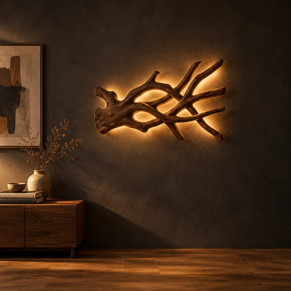 Tangled Branch Wall Sconce With Warm Glow Behind The Limbs