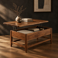 Lift top coffee table with tapered legs and a lower rail frame, three-quarter view showing the grain