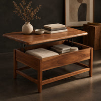 Corner detail of lift top coffee table with tapered legs and a lower rail frame beside wood, brass and linen samples