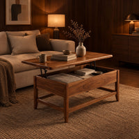 Lift top coffee table with tapered legs and a lower rail frame in an evening living room with walnut wall paneling