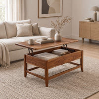 Lift top coffee table with tapered legs and a lower rail frame in a Scandinavian living room with white walls