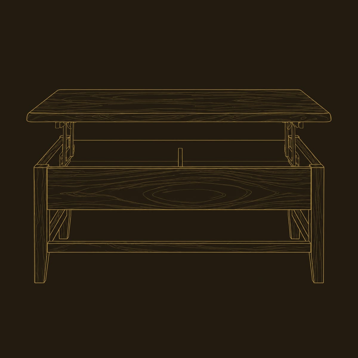 Tapered Leg Coffee Table With Lift Top And Lower Rail Frame dimension diagram