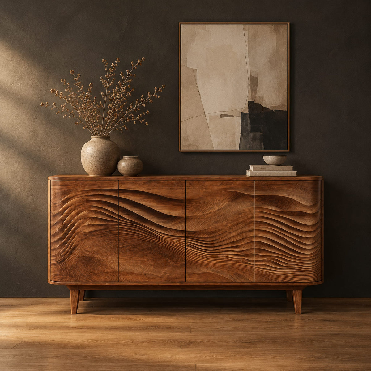 Sideboard with four wave carved doors and tapered legs in a dark studio against a charcoal plaster wall