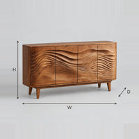 Tapered Leg Sideboard with Flowing Wave Relief Across Four Doors dimension diagram with width, height and depth