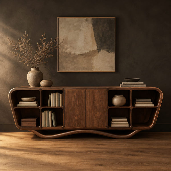 Tapered Sideboard With Open Cubbies And Wavy Base