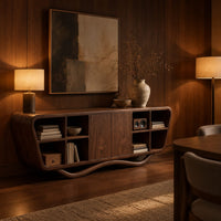 Tapered sideboard with open cubbies on both sides and a wavy base in an evening dining room with walnut wall paneling