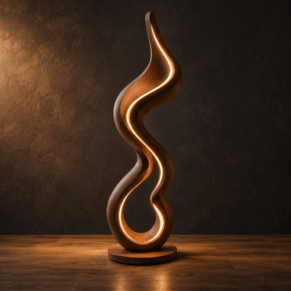 Floor lamp made of one flowing ribbon that ends in a teardrop loop in a dark studio against a charcoal plaster wall