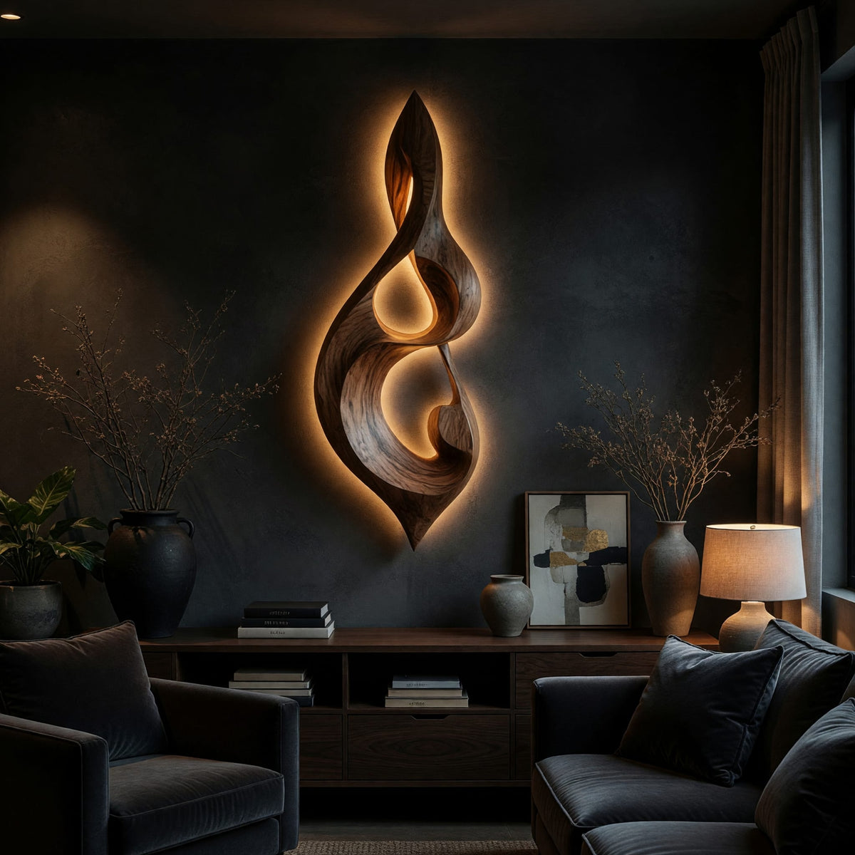 Twisted teardrop note wall sculpture in wood on a dark charcoal plaster wall
