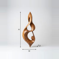 Teardrop Note Wall Sculpture, Twisted by Hand in Solid Wood dimension diagram with height, width and depth