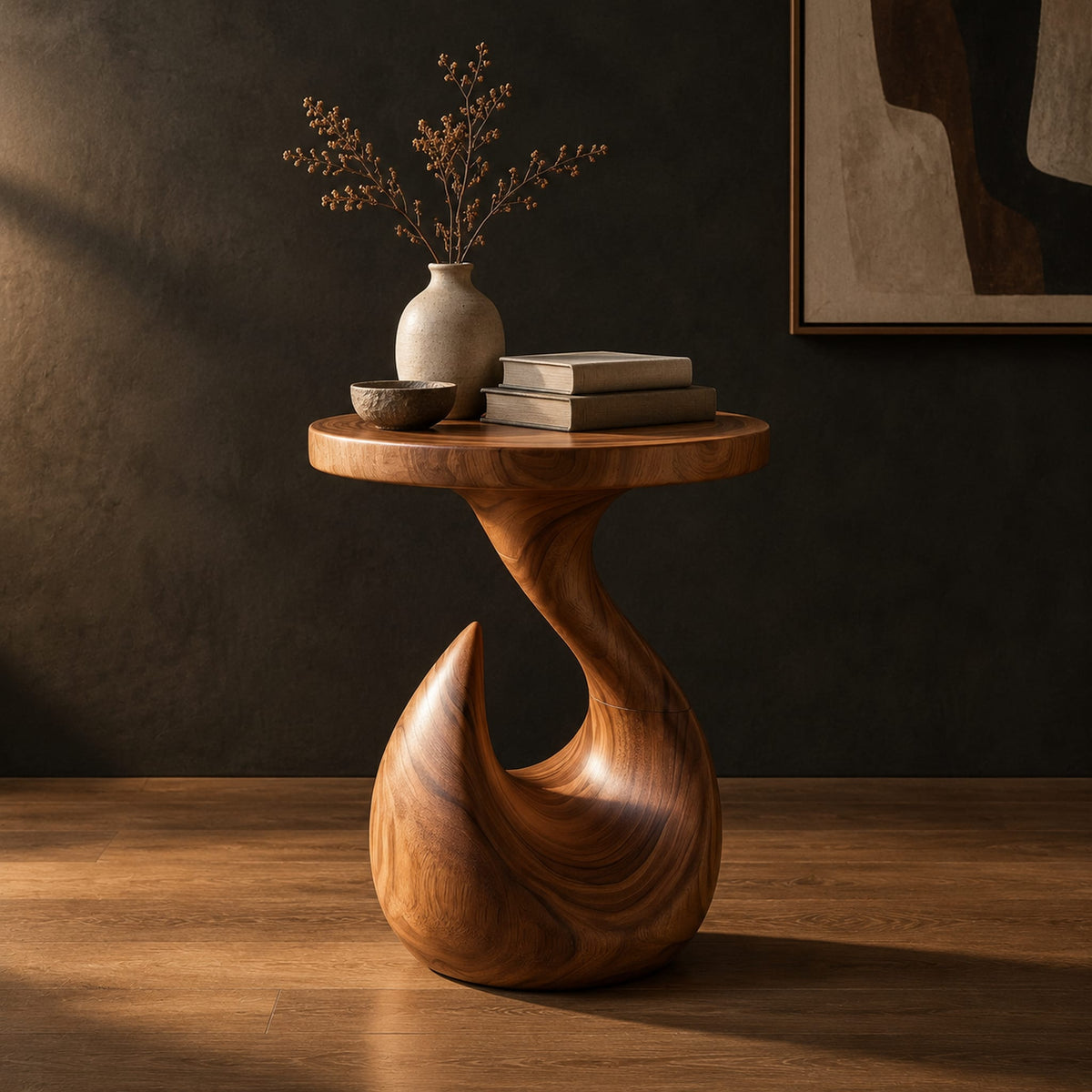 Circular side table on a teardrop pedestal with a swirling neck in a dark studio against a charcoal plaster wall