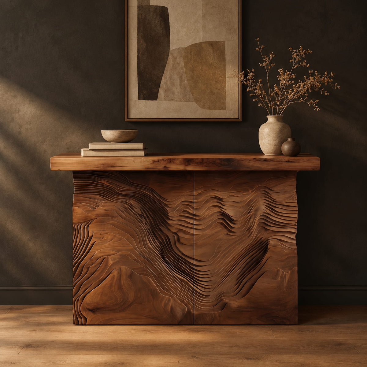 Console table with deep ridged terrain carving across the front in a dark studio against a charcoal plaster wall