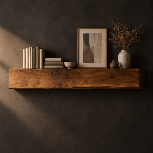 Thick Beam Fireplace Mantel With Wavy Natural Top Edge
