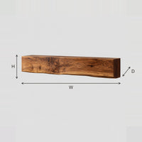 Thick Beam Fireplace Mantel With Wavy Natural Top Edge dimension diagram with width, height and depth
